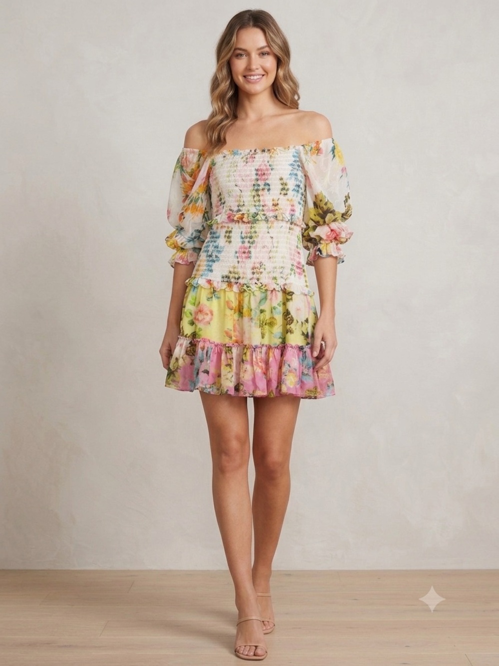 $375 Retail HEMANT & NANDITA Pastel Multi Floral Off-Shoulder Tiered Mini Dress